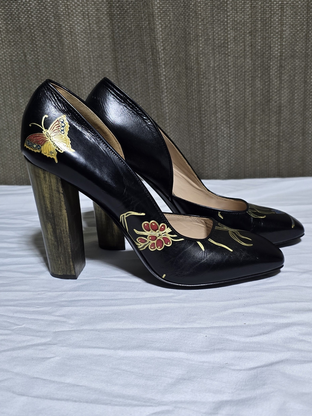 Dries Van Noten Black Leather Pumps with Painted Butterfly & Floral Motifs